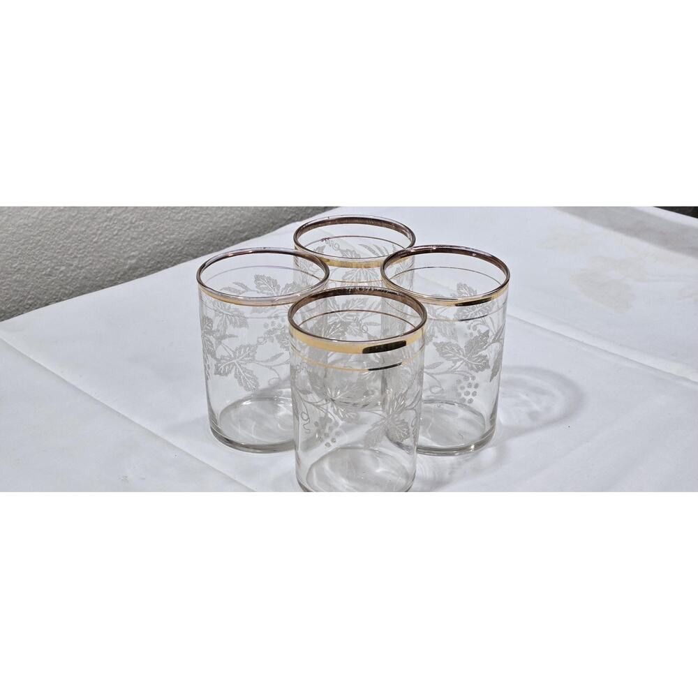 Elegant Vintage Etched Grapevine Highball Glass with Gold Rim Set of 4